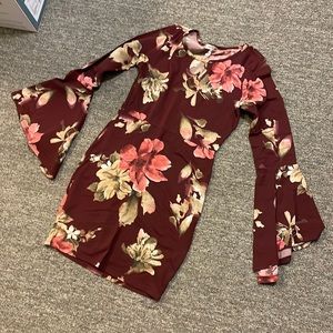 BANANA LEMON Maroon Red Floral Bell Sleeve Dress